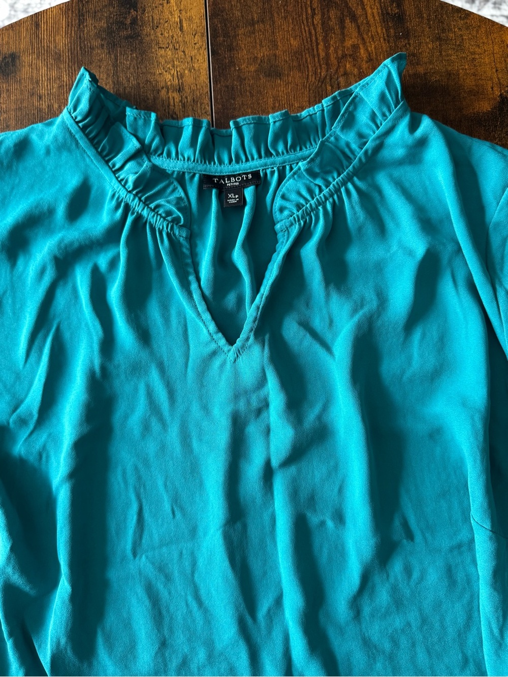 Talbots Ruffle-Neck V-Keyhole Blouse - Teal Blue Size XLp